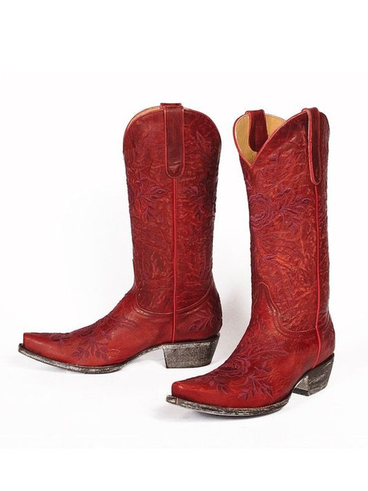 Dark Red Snip-Toe Rose Embroidery Mid Calf Cowgirl Boots