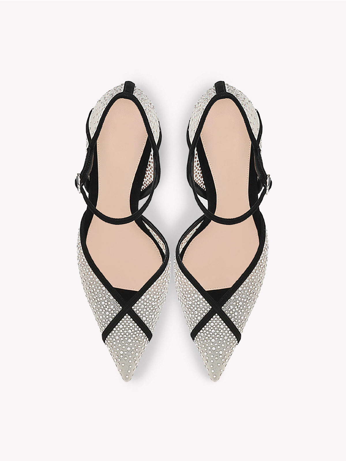Mesh And Black Faux Suede Pointed-Toe Rhinestones And Mary Jane High Heels
