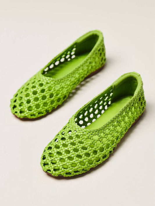 Green Woven Vegan Leather Round-Toe Slip-On Classic Ballet Flats