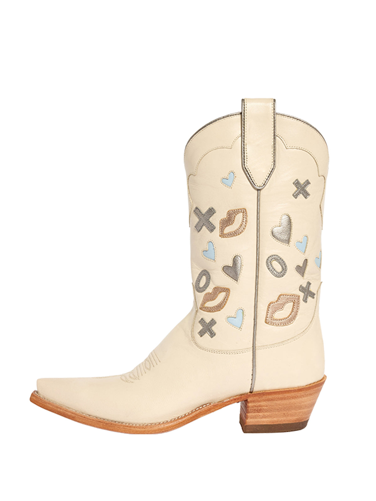 Cream Snip-Toe Mid Calf Cowgirl Boots With Inlays And Appliques