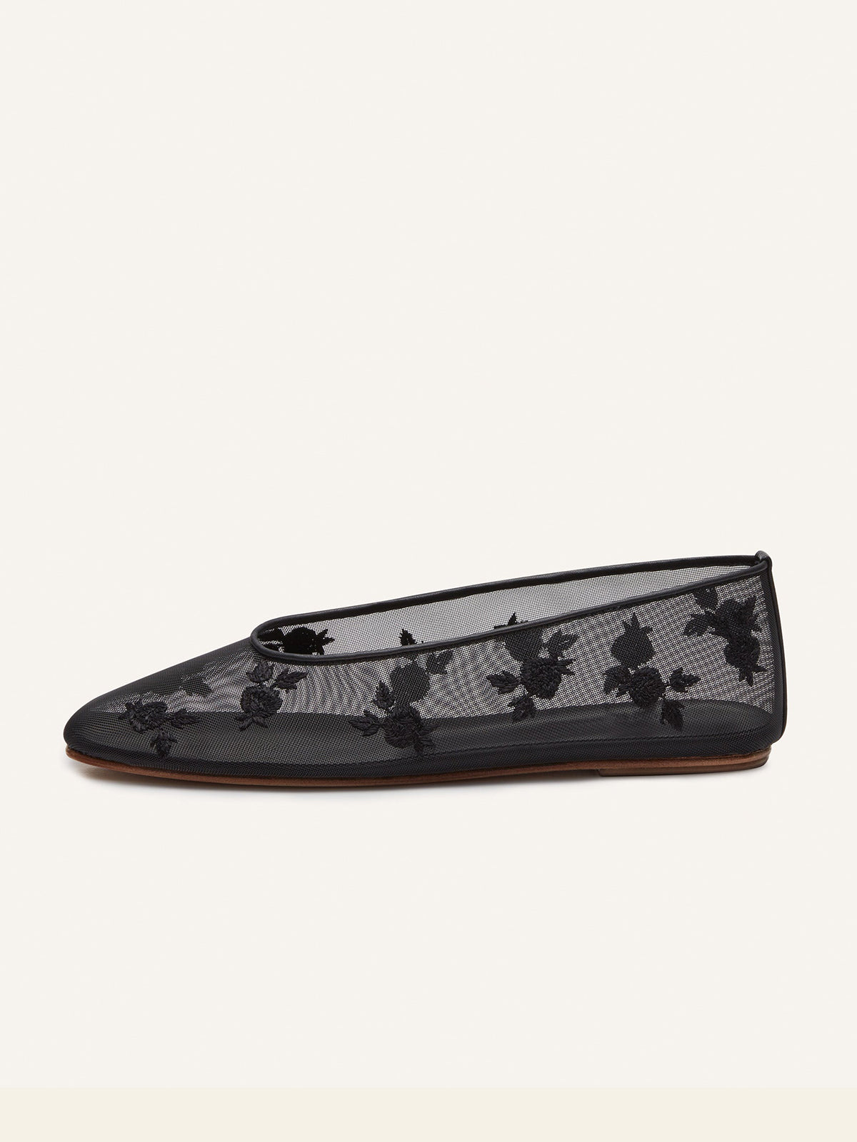 Black Round-Toe Mesh With Floral Embroidery Flats