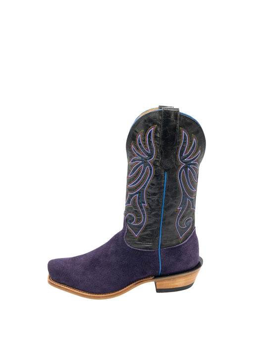 Contrast Black And Purple Square-Toe Classic Embroidery Mid Calf Cowgirl Boots