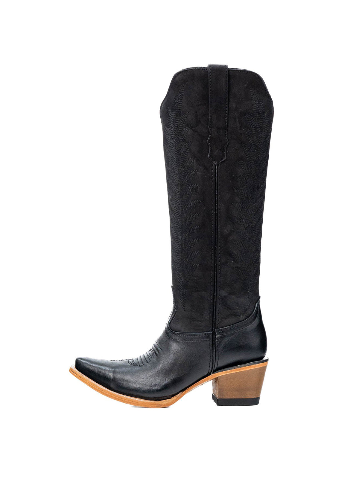 Black Faux Suede And Vegan Leather Snip-Toe Embroidery Half-Zip Knee High Chic Cowgirl Boots