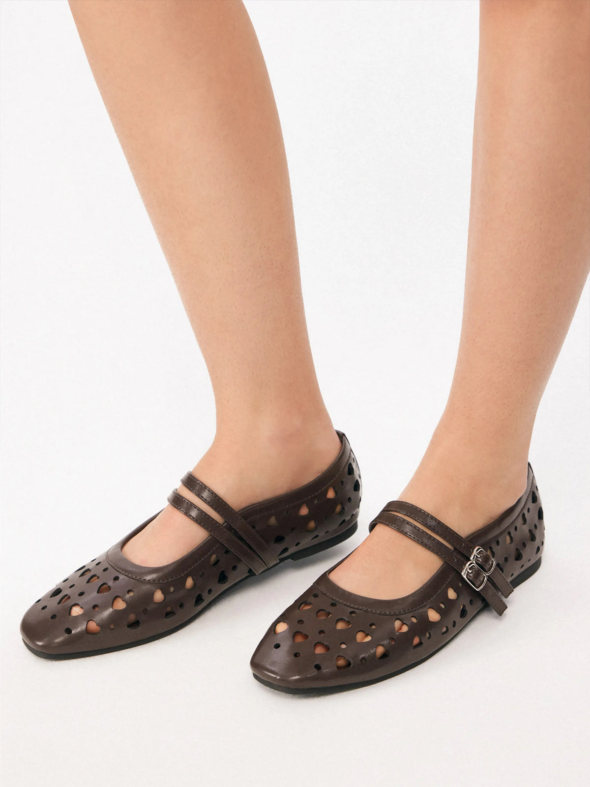 Coffee Square-Toe Heart Cutout Double Mary Jane Flats