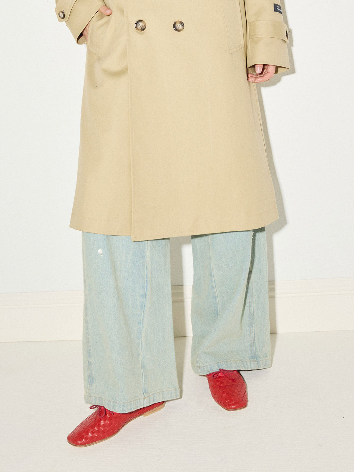 Vegan Leather Woven Square-Toe Bow Ballet Flats - Red