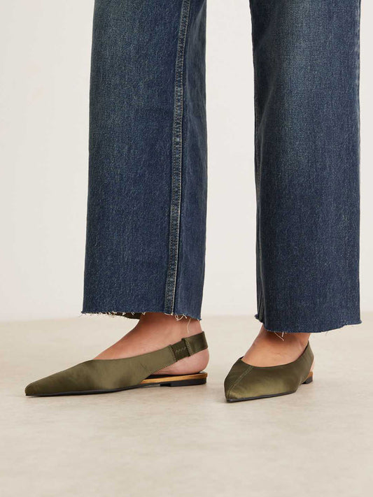 Green Satin Pointed-Toe Elasticated Slingback Strap Flats