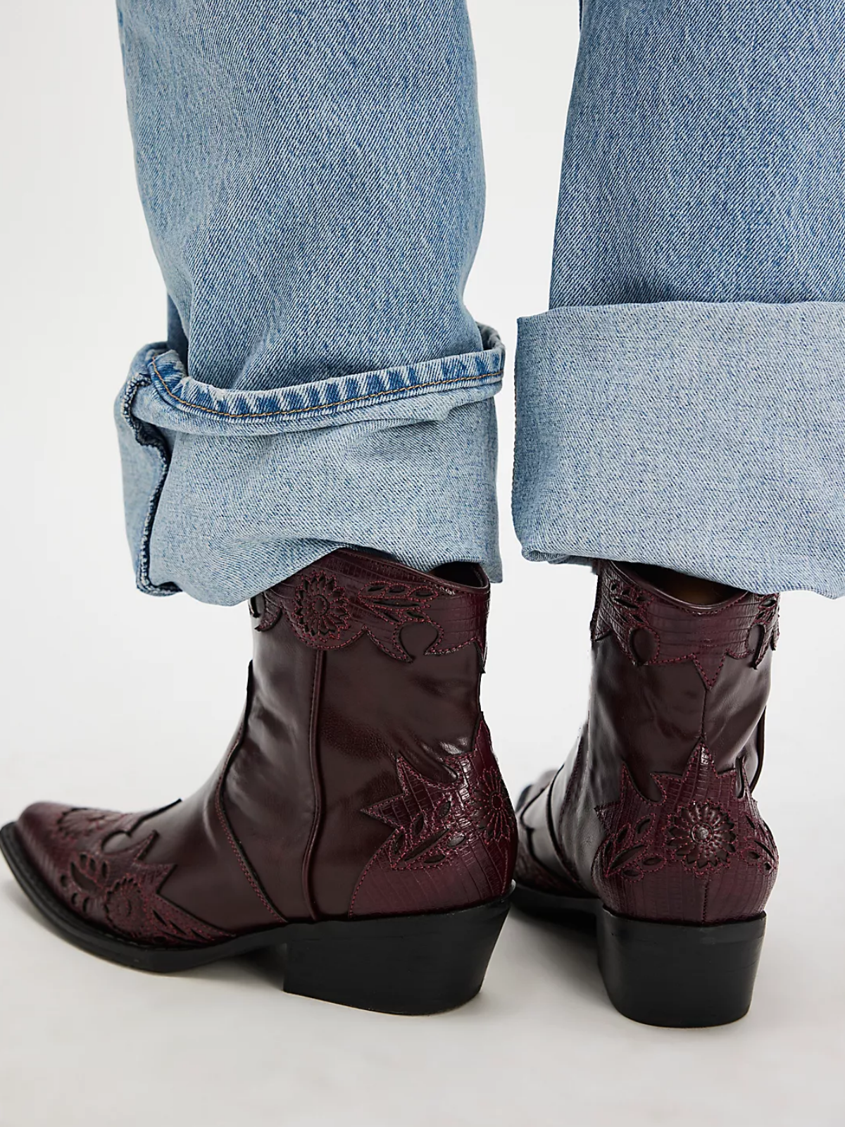 Wine Red Floral Applique Snip-Toe Wide Mid Calf Cowgirl Boots