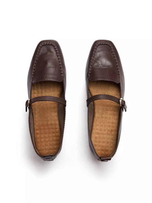Dark Brown Square-Toe Slip-On Mary Jane Flats Loafers