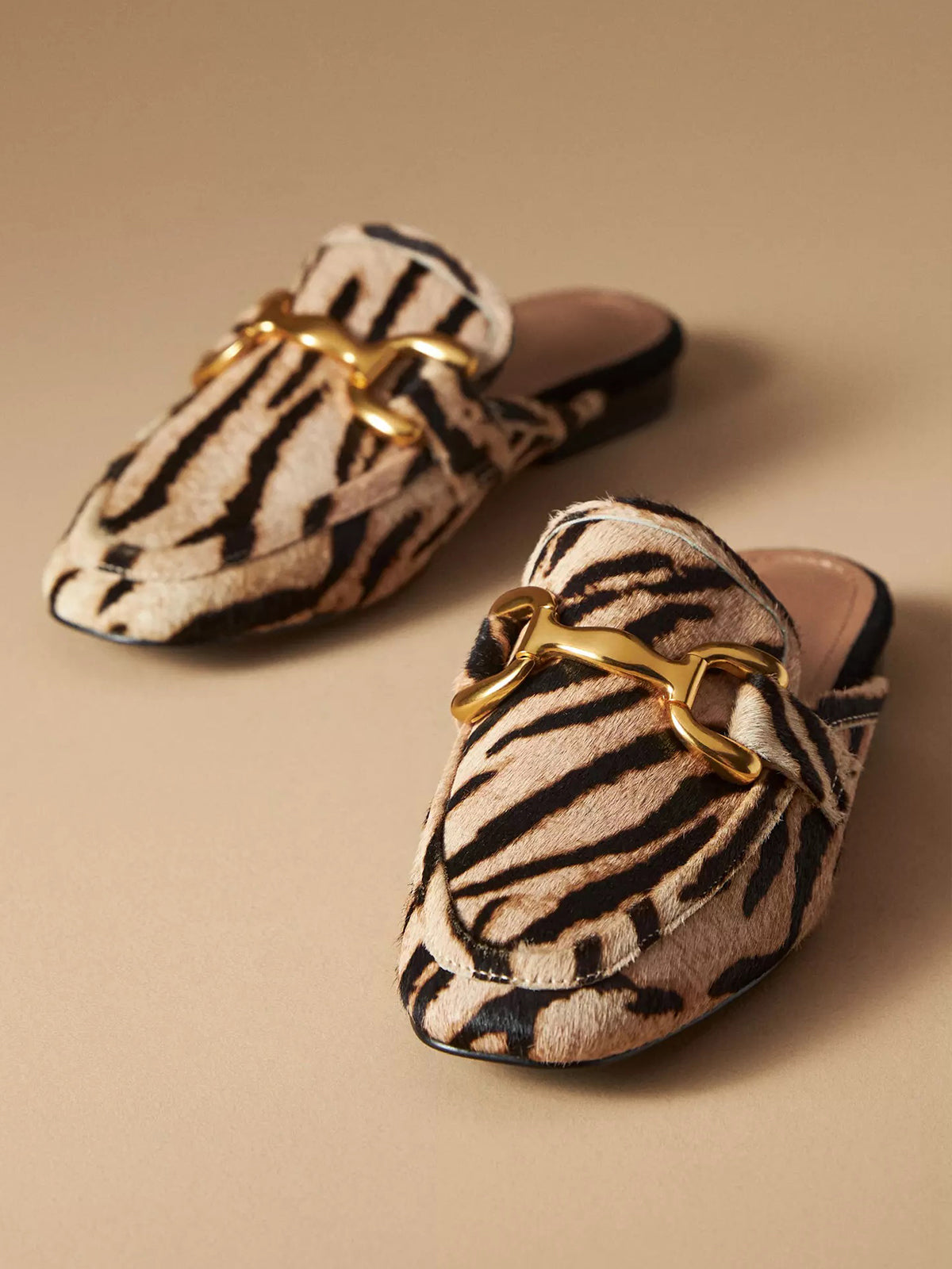 Zebra Print Square-Toe Slip-On Front Metal Detail Flats Loafers