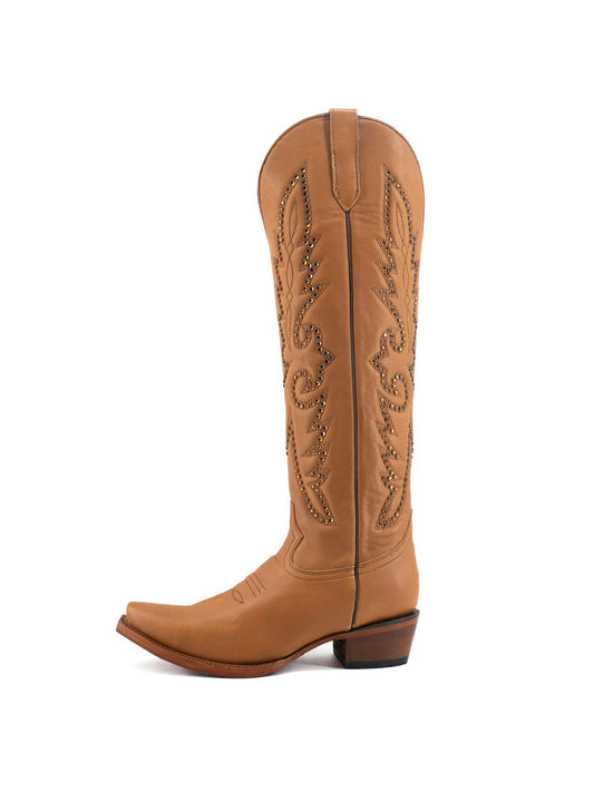 Studs And Embroidery Snip-Toe Classic Half-Zip Knee High Cowgirl Boots – Honey