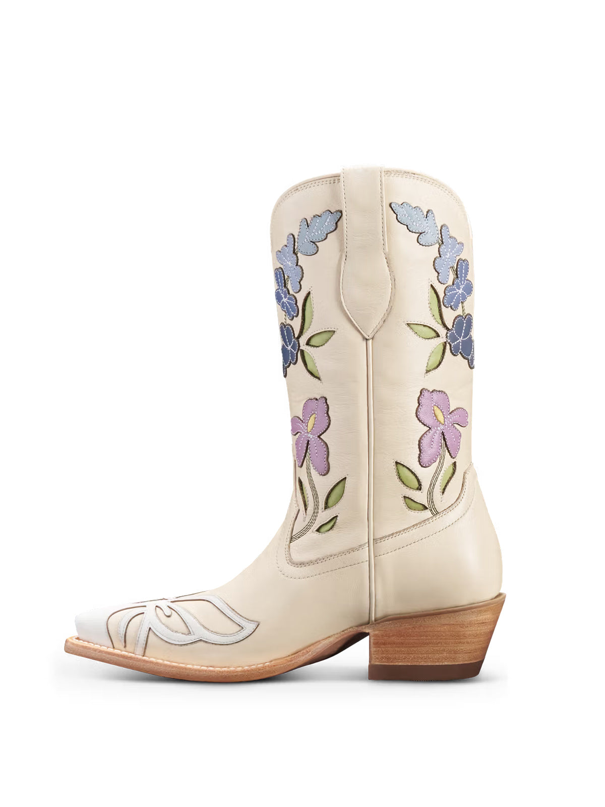 Bone Snip-Toe Flower Applique Mid Calf Pull On Cowgirl Boots