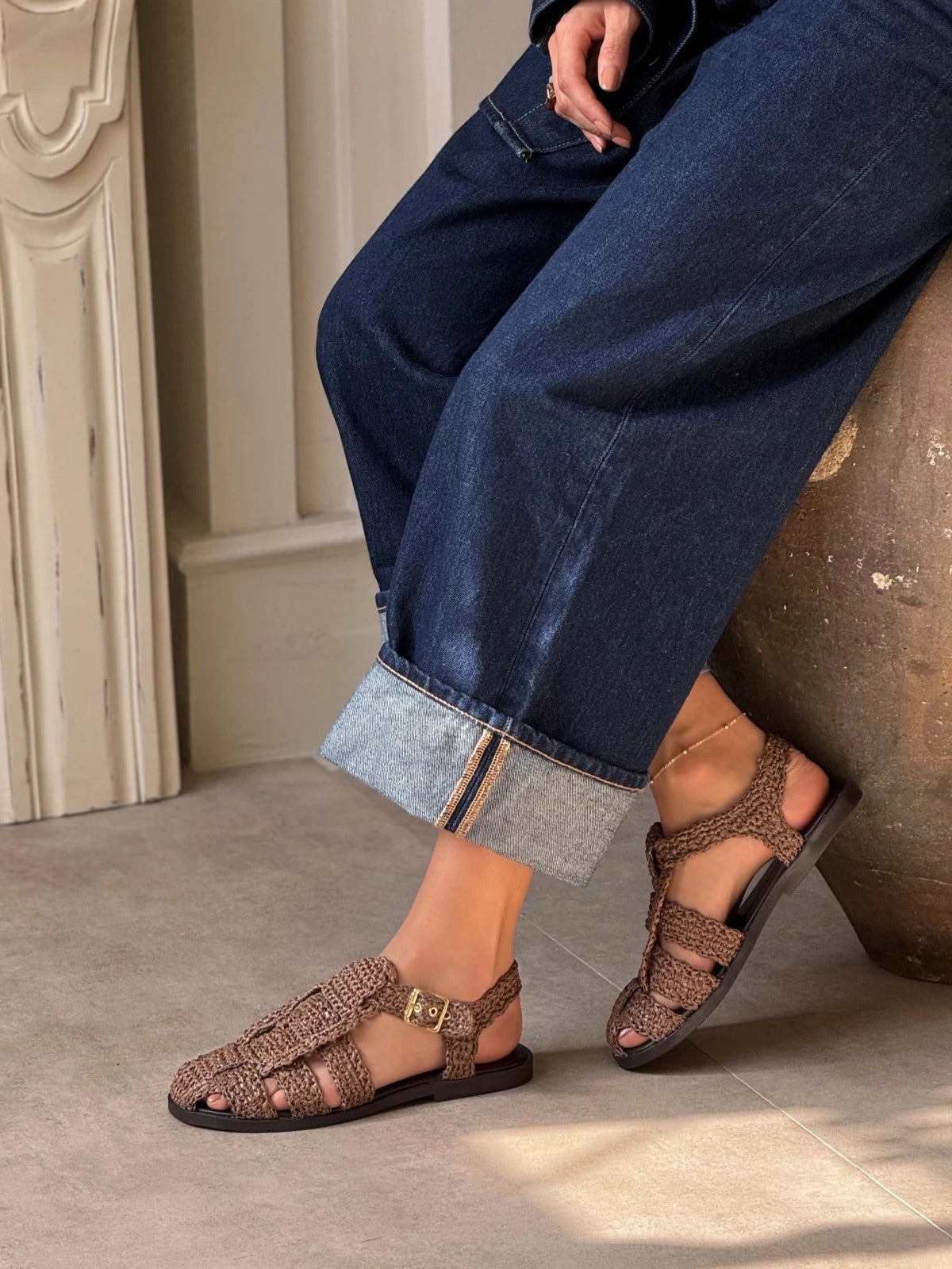 Green Grass Woven Round-Toe Caged Detail Buckle Strap Flats