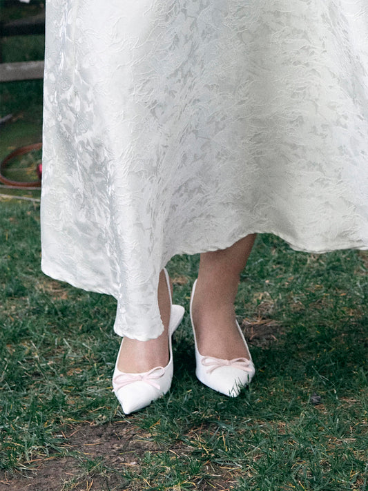White Pointed-Toe Front Bow Buckle Back Strap Kitten Heels