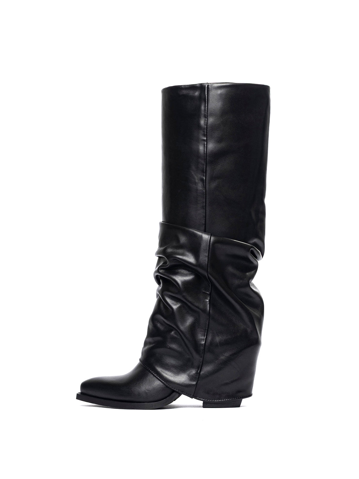 Black Snip-Toe Fold-Over Wide Calf Tall Knee High Cowgirl Boots