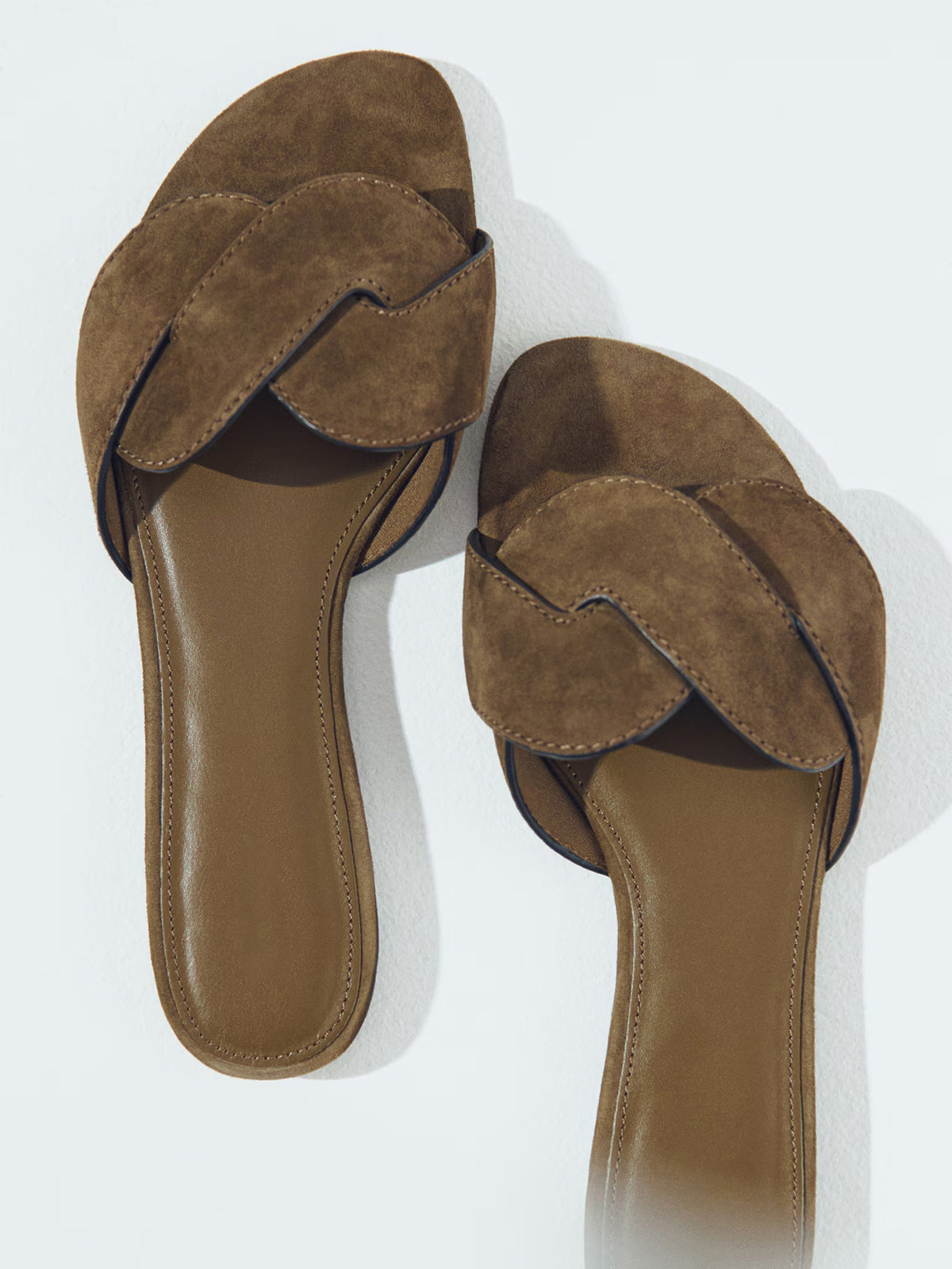 Dark Green Faux Suede Square-Toe Braided Strap Flats Sandals