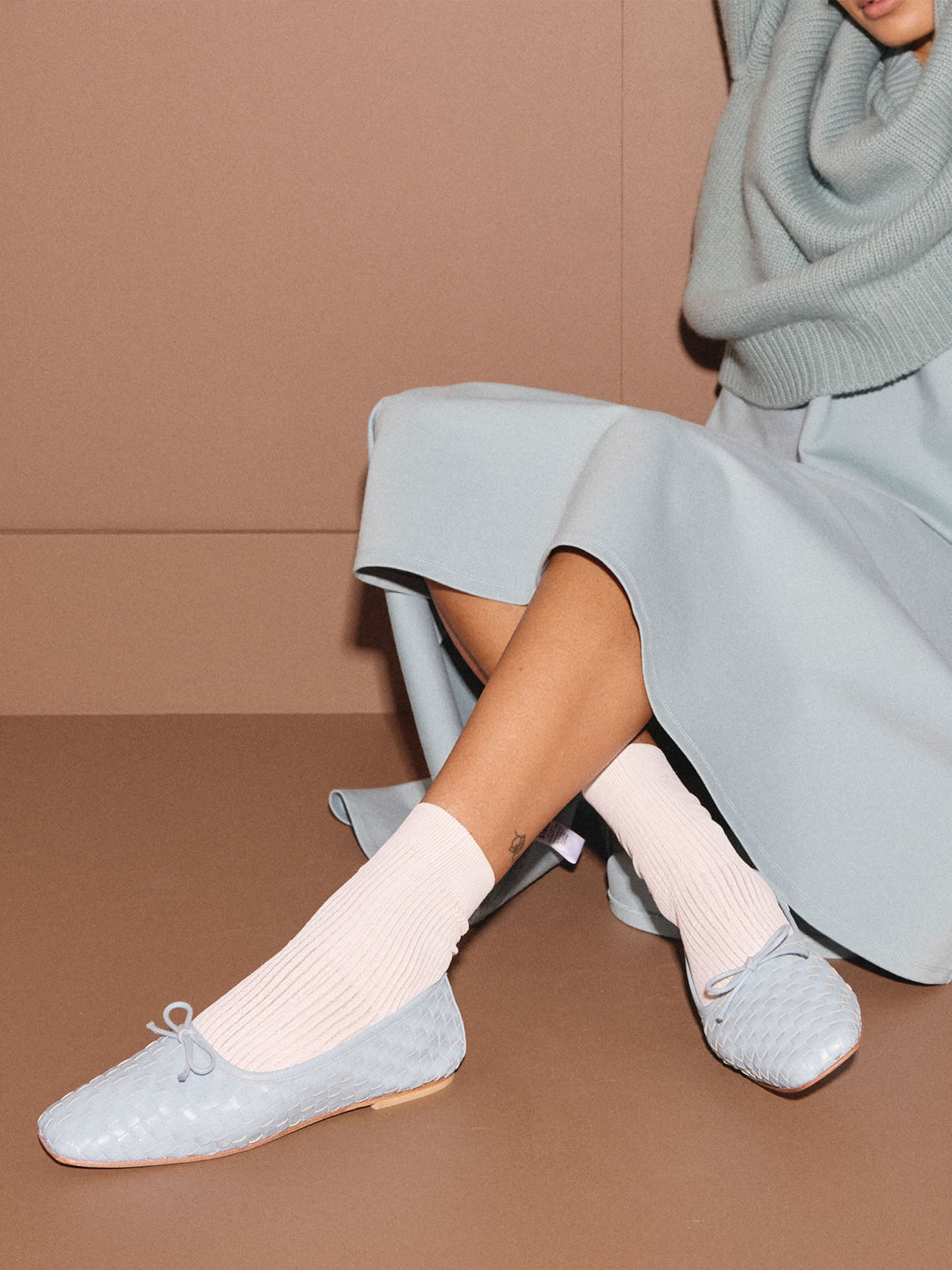 Vegan Leather Woven Square-Toe Bow Ballet Flats - Sky Blue