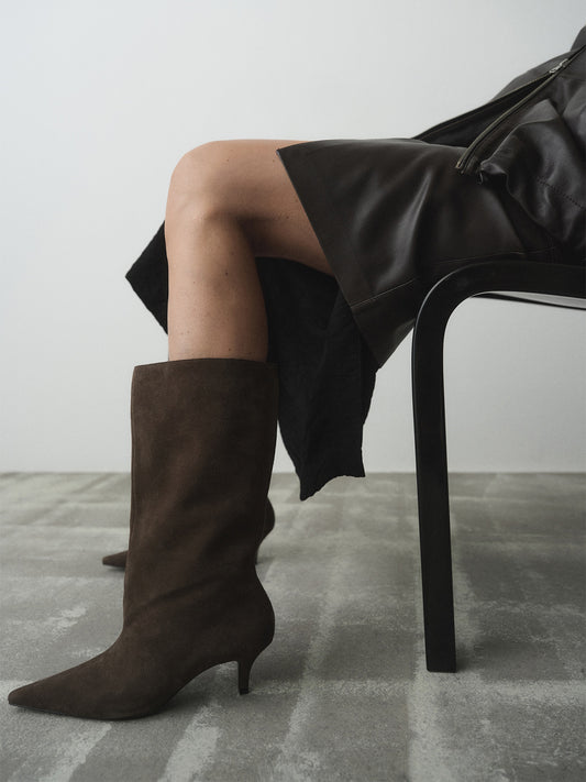 Chocolate Faux Suede Pointed-Toe Slip-On Mid Calf Stiletto Boots