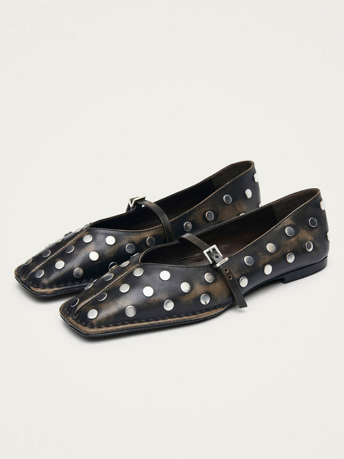 Dark Brown Square-Toe Middle Strap Simple Studs Ballet Flats