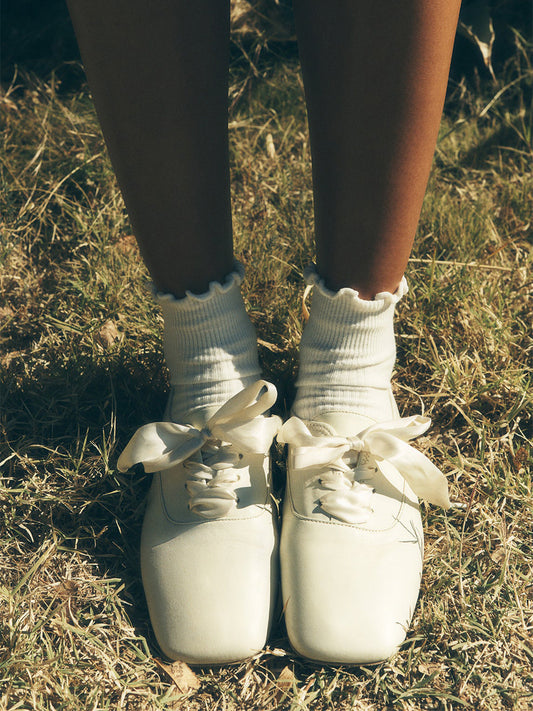 Ivory Square-Toe Chic Lace-Up Slip-On Simple Flats