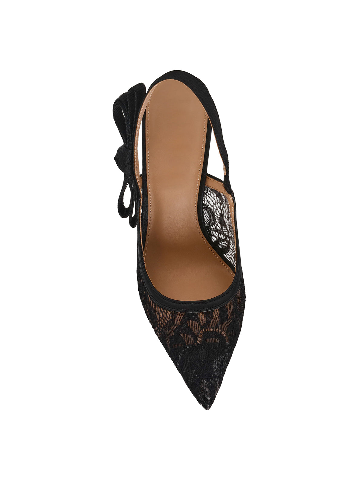 Black Lace Mesh Pointed-Toe Slingback With Bow High Heels