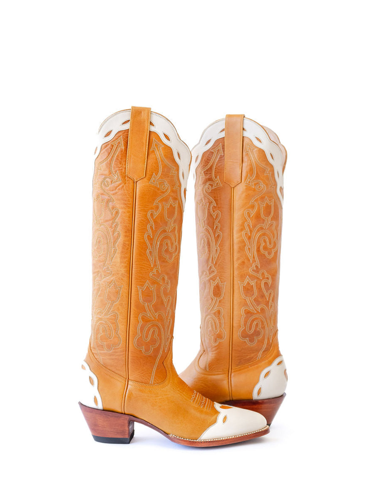 Contrast Honey And Ivory Almond-Toe Embroidery Hearts Inlay Wide Calf Knee High Cowgirl Boots