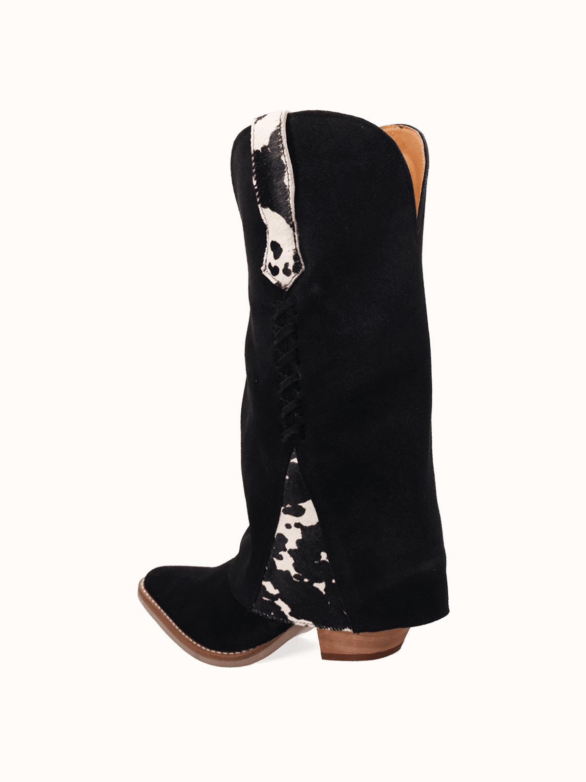 Black Faux Suede And Cow Pattern Snip-Toe Fold-Over Wide Calf Knee High Cowgirl Boots