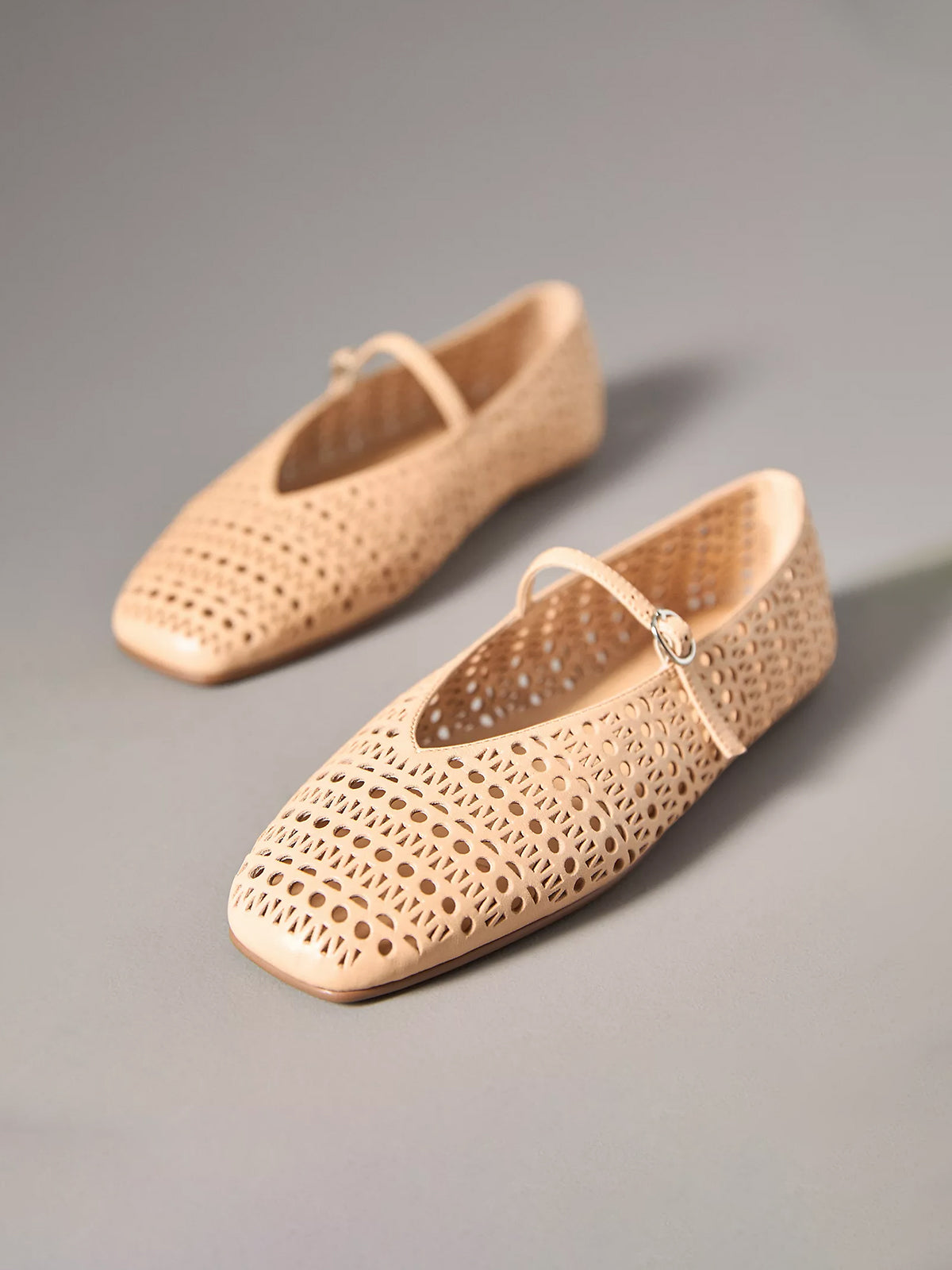 Beige Square-Toe Bridge Strap Eyelet Mary Jane Flats