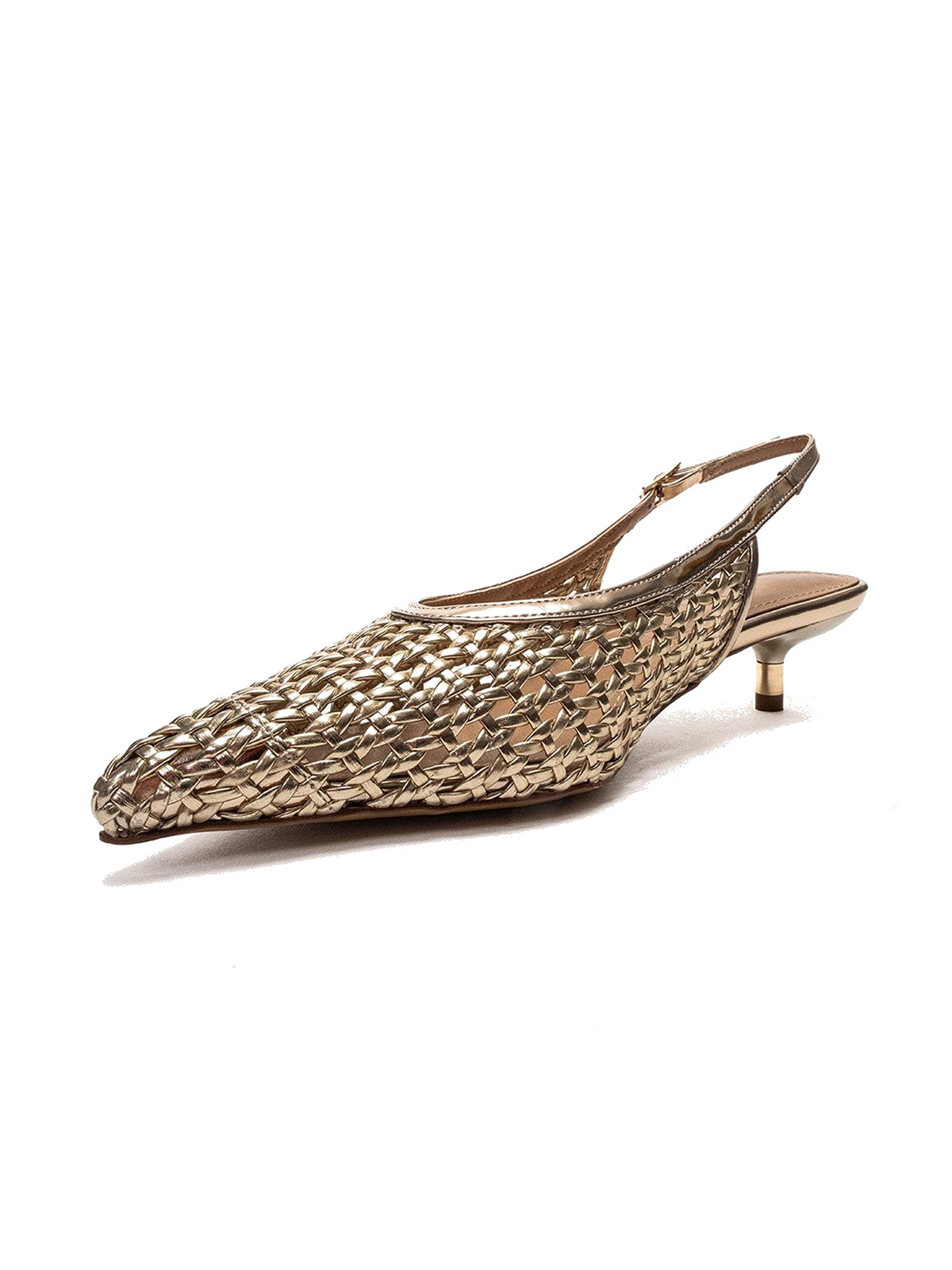 Metallic Gold Woven Vegan Leather Pointed-Toe Classic Back Strap Pumps Kitten Heels