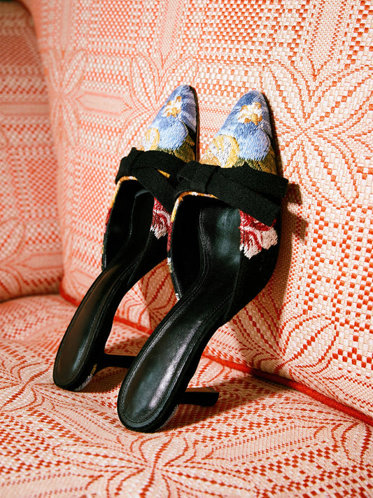 Black Faux Suede Pointed-Toe Big Flower Embroidery Front Bow High Heels