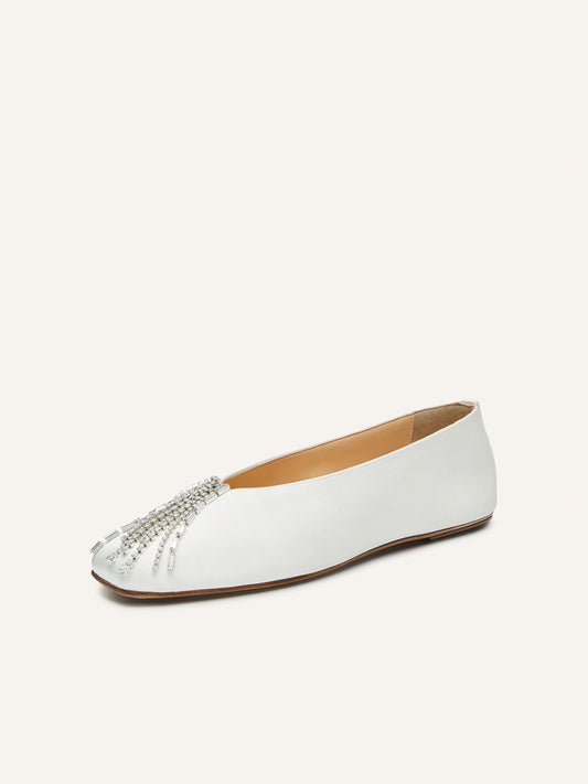 Cream Satin Square-Toe Front Crystal Classic Ballet Flats