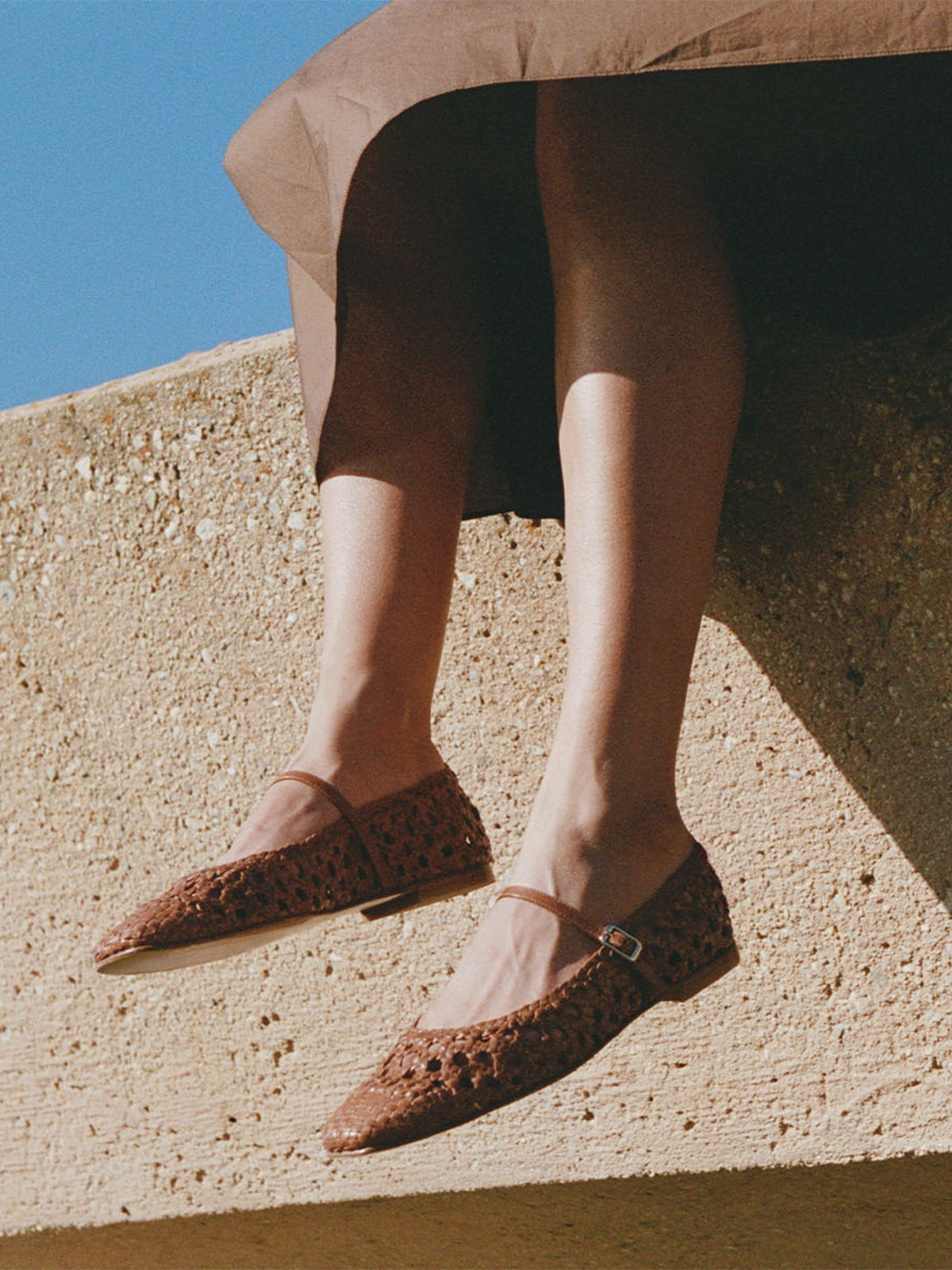 Brown Woven Vegan Leather Square-Toe Chic Mary Jane Flats
