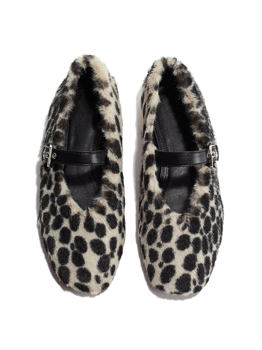 Leopard Pattern Plush Square-Toe Mary Jane Ballet Flats