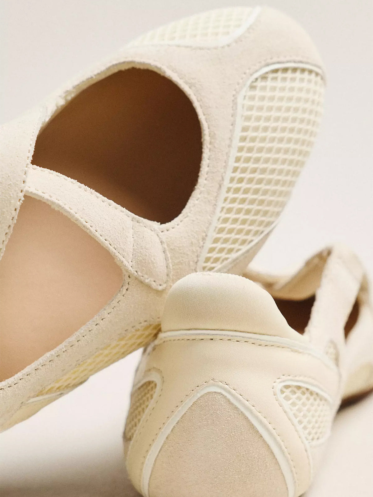 Beige Mesh And Cow Suede Round-Toe Middle Crossed Straps Sneakers