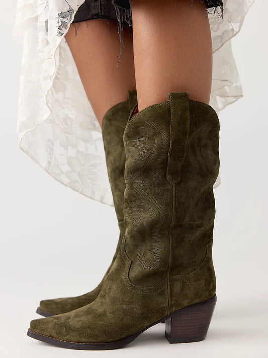 Snip-Toe Chic Western Embroidery Sleek Mid Calf Cowgirl Boots - Green Faux Suede