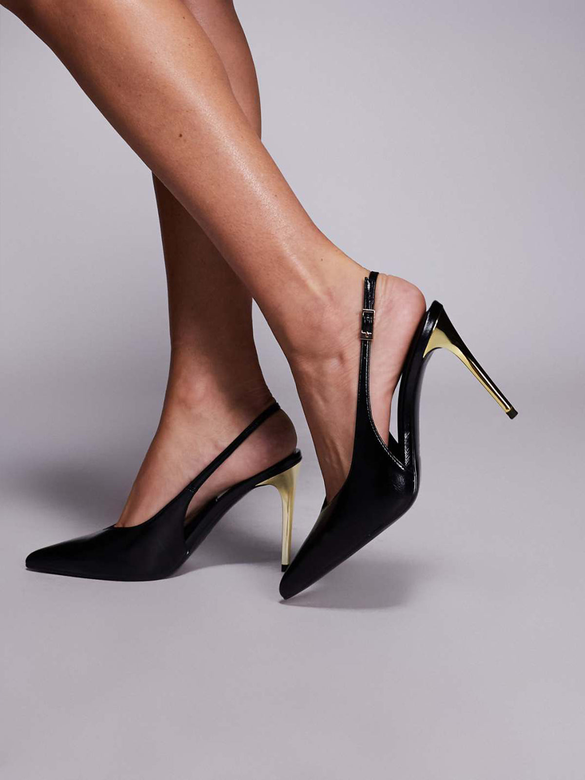Patent Black Pointed-Toe Classic Buckle Slingback High Heels