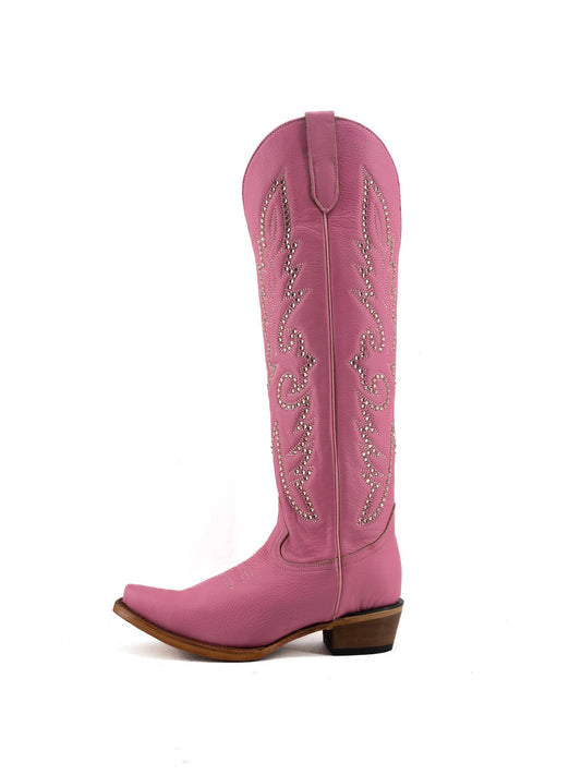 Studs And Embroidery Snip-Toe Classic Half-Zip Knee High Cowgirl Boots – Pink
