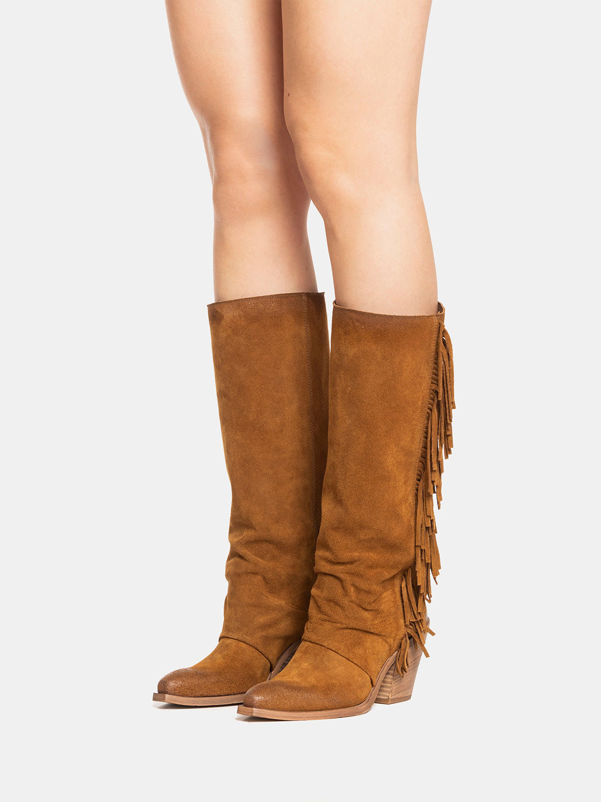 Brown Faux Suede Snip-Toe Side Fringe Wide Calf Knee High Cowgirl Boots