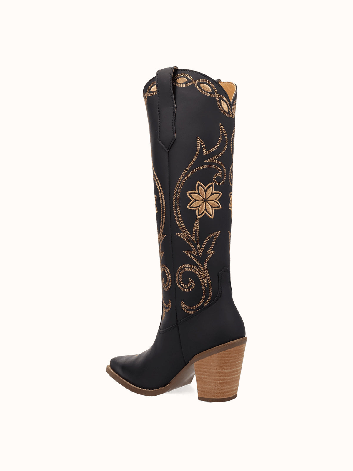 Snip-Toe Flowers And Chic Embroidery Wide Calf Knee High Cowgirl Boots - Black