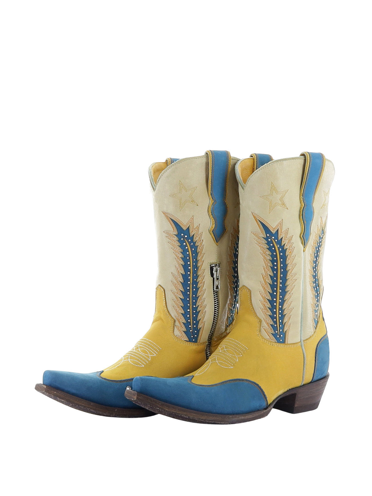 Contrast Tri-Color Snip-Toe Star Embroidery Studs Classic Inlay Half-Zip Mid Calf Cowgirl Boots