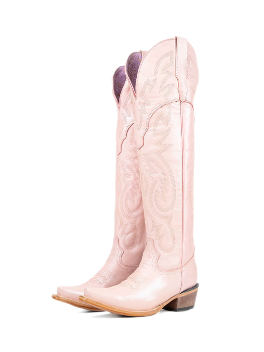Blush Pink Snip-Toe Half-Zip Embroidery Tall Over-The-Knee Cowgirl Boots