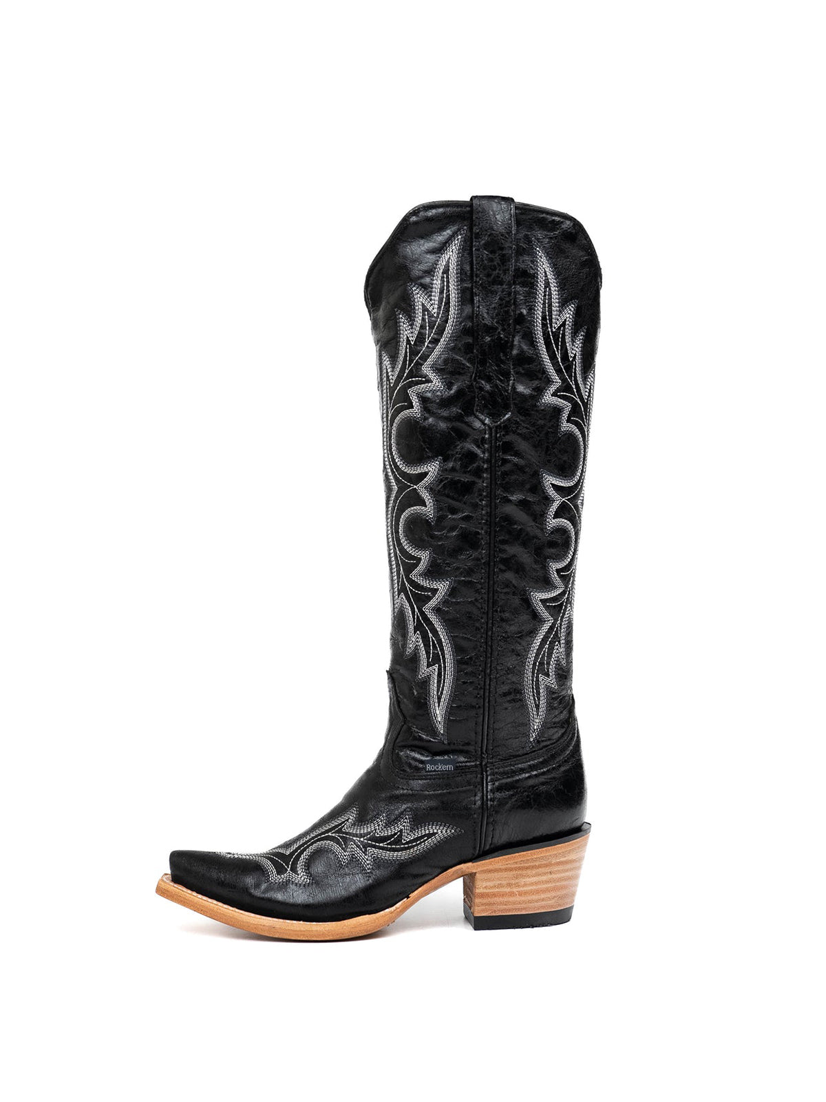 Distressed Black Snip-Toe Half-Zip Classic Embroidery Knee High Tall Cowgirl Boots