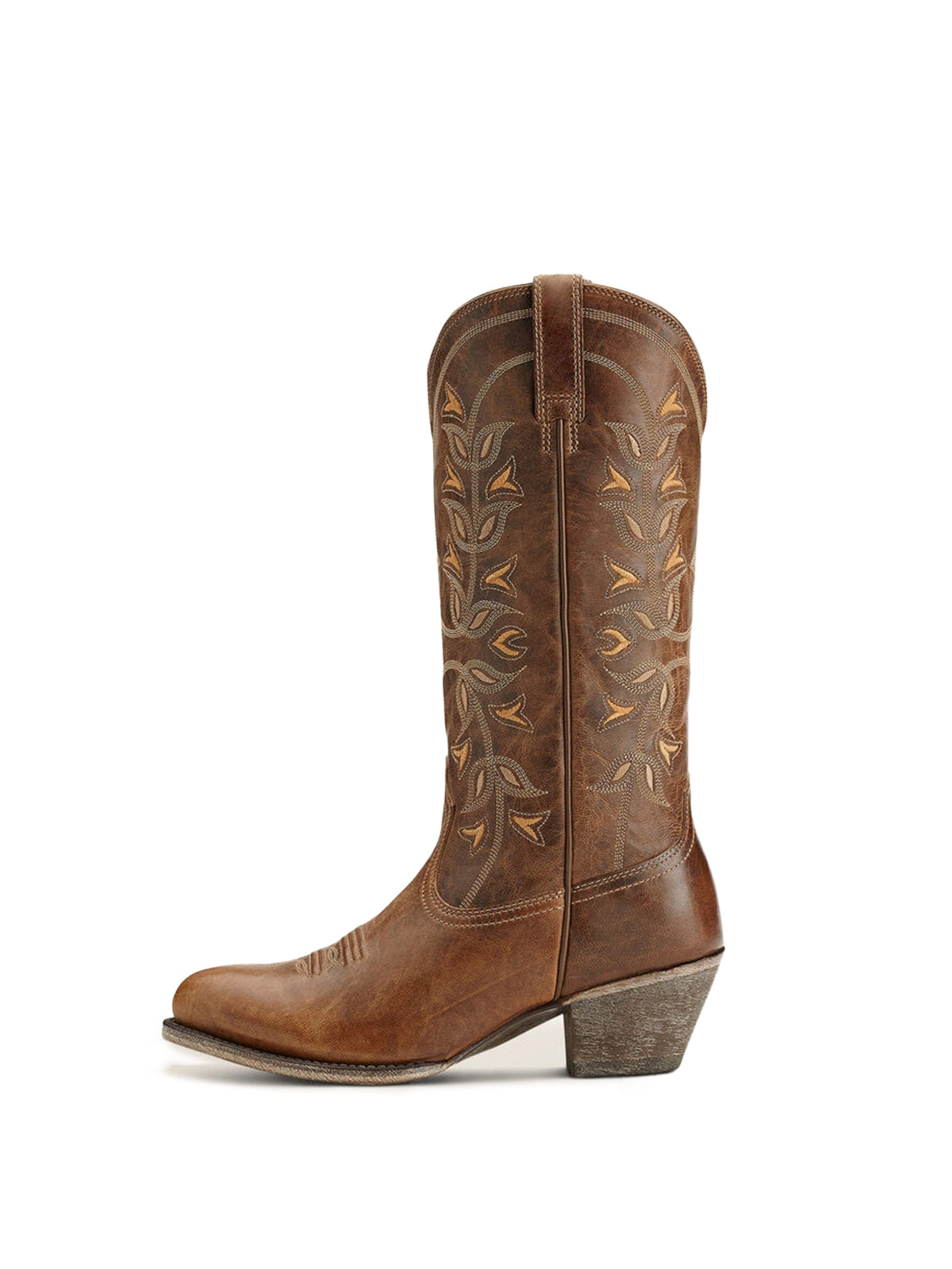 Brown Floral Embroidery Almond-Toe Mid Calf Cowgirl Boots