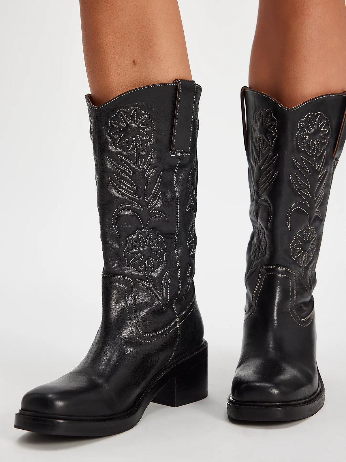 Black Square-Toe Flowers Stitch Mid Calf Cowgirl Boots
