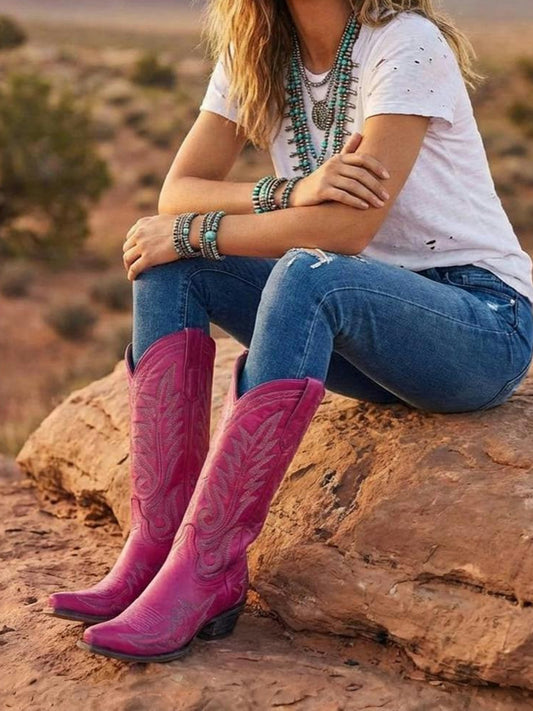 Chic Embroidery Snip-Toe Classic Mid Calf Cowgirl Boots - Pink