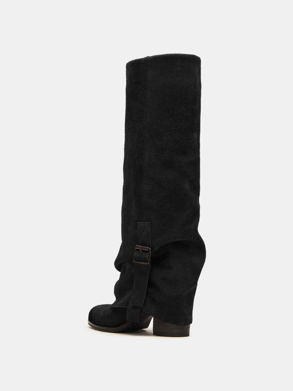 Black Faux Suede Round-Toe Fold-Over Adjustable Buckle Knee High Cowgirl Boots