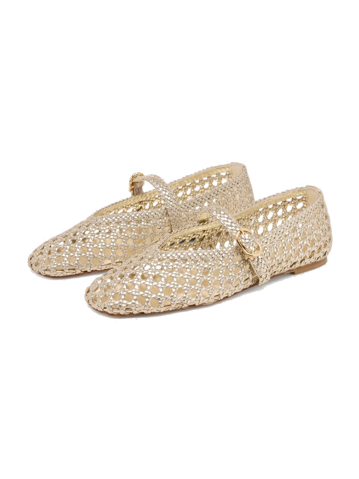 Metallic Gold Woven Vegan Leather Square-Toe Classic Buckle Bridge Strap Flats