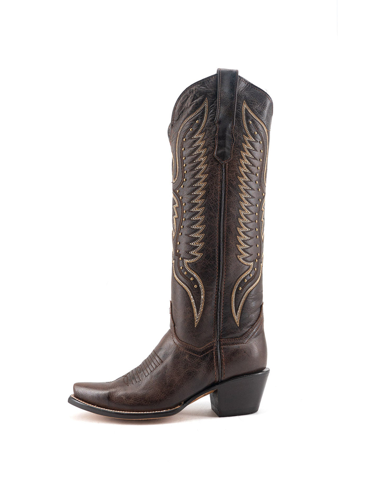 Western Snip-Toe Wings Embroidery And Studs Wide Calf Knee High Cowgirl Boots - Brown