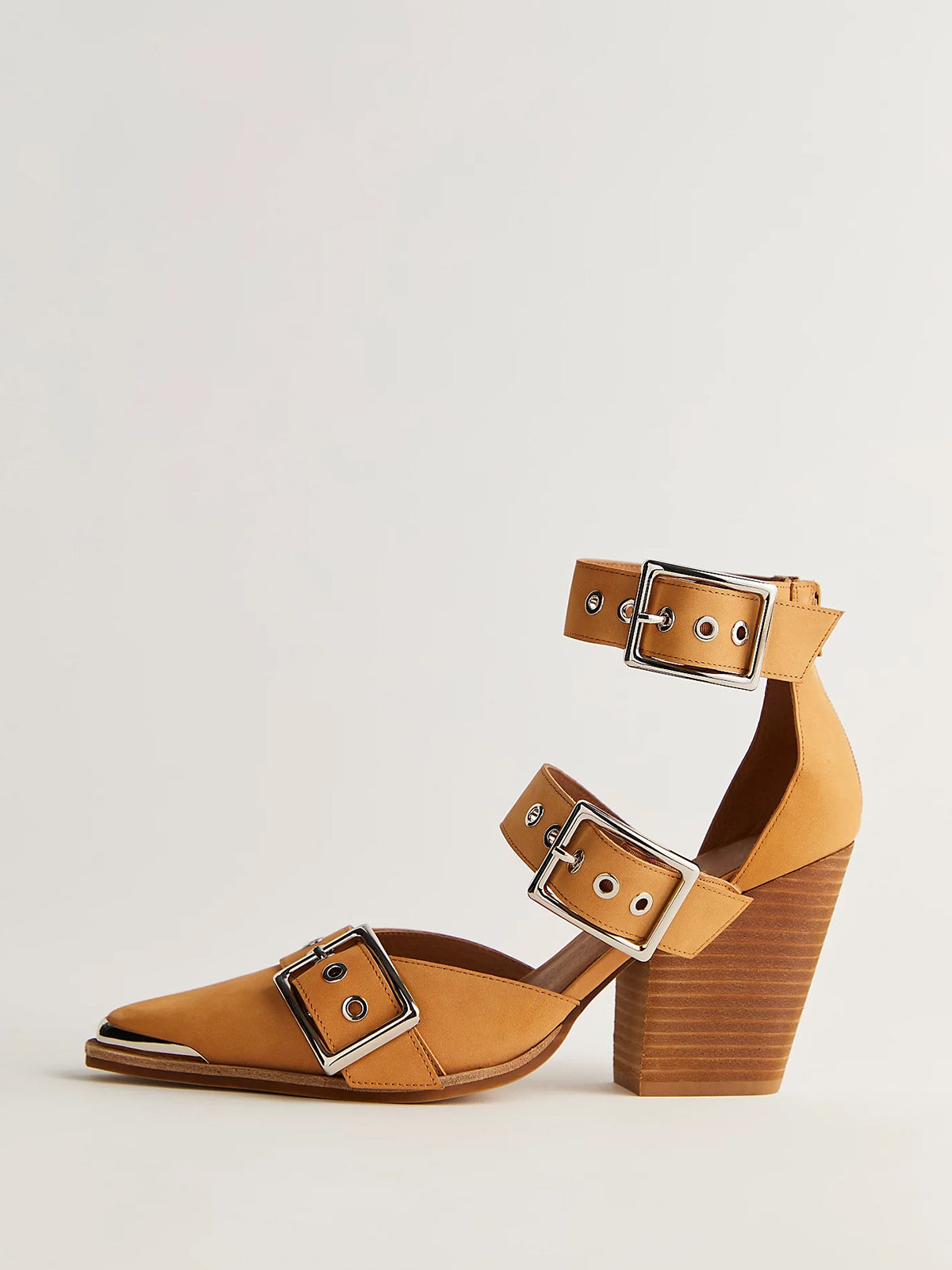 Pointed-Toe Three Buckled Straps Back Zip Chunky High Heels - Camel