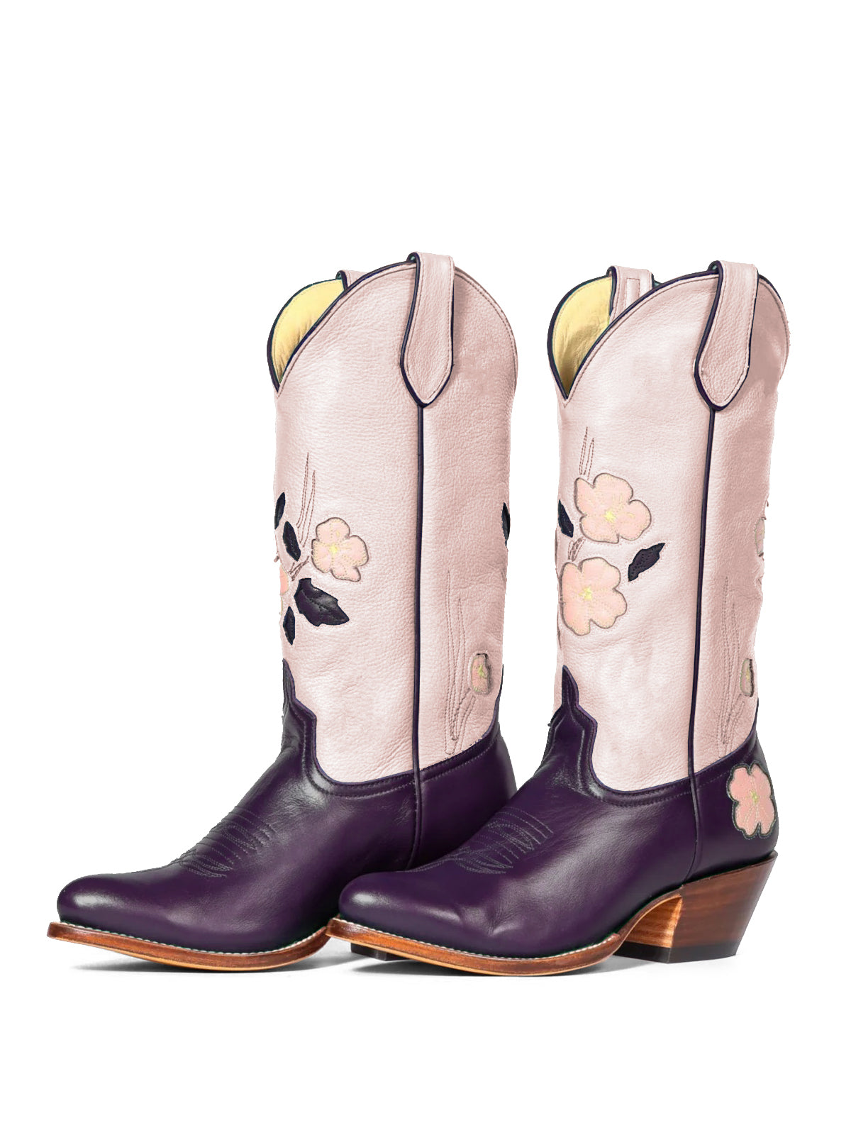 Contrast Pink And Purple Almond-Toe Fresh Flower Inlay Mid Calf Cowgirl Boots