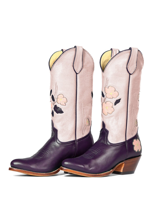 Contrast Pink And Purple Almond-Toe Fresh Flower Inlay Mid Calf Cowgirl Boots